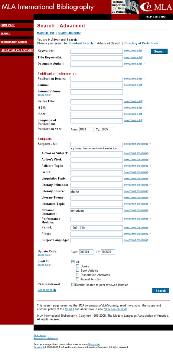 MLAIB Advanced Search page