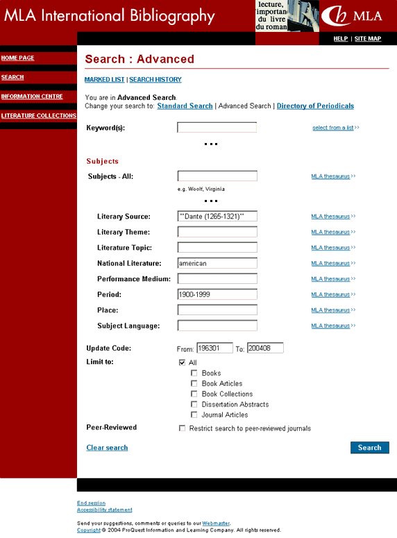 MLAIB Advanced Search page