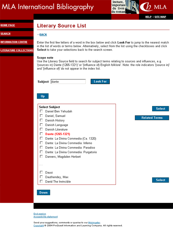 MLAIB Literary Source List page