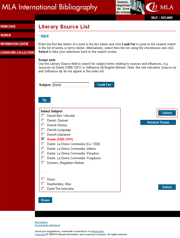 MLAIB Literary Source List page