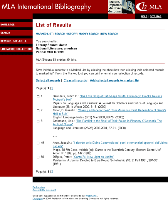 MLAIB List of Results page