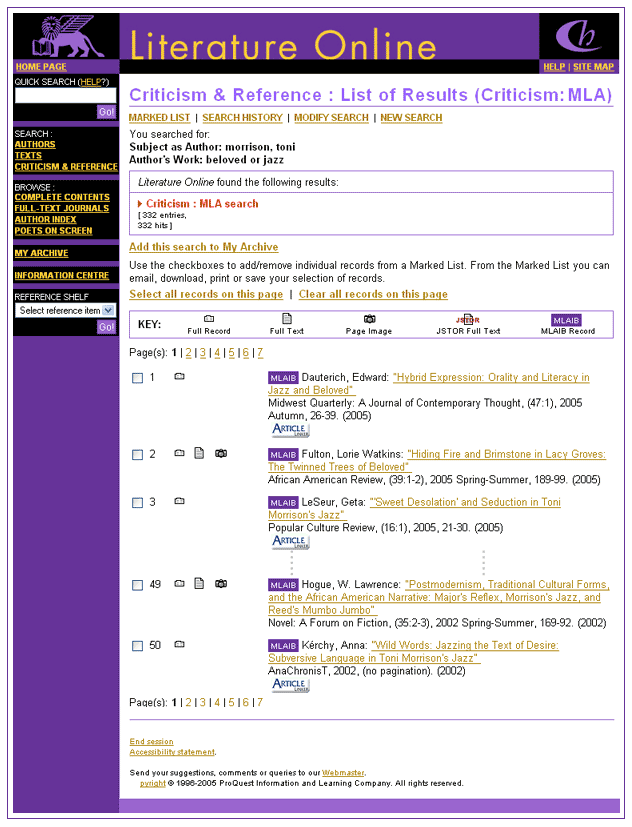 MLA in Literature Online list of results