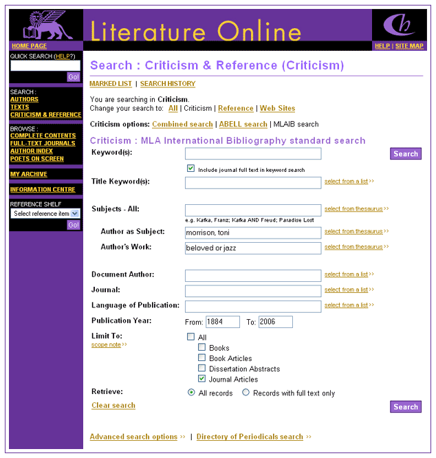 MLA in Literature Online search page